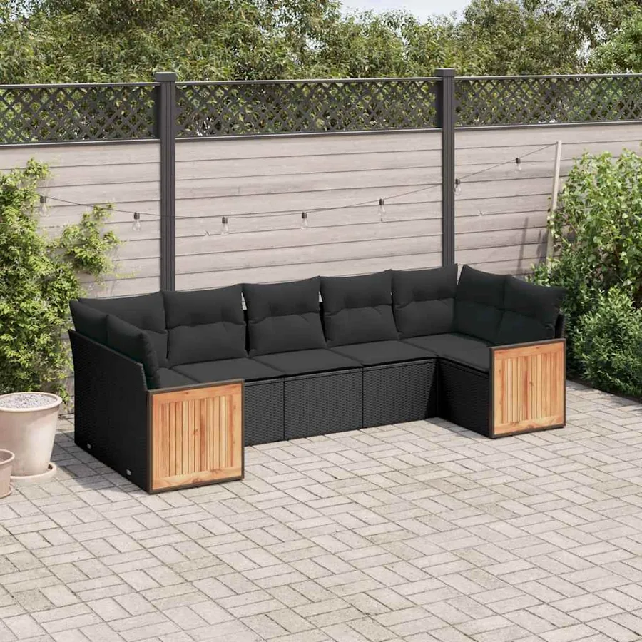 Salon de jardin 7 pcs avec coussins noir résine tressée 62 x 62 x 69 cm - 60,1 kg