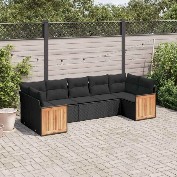 Salon de jardin 7 pcs avec coussins noir résine tressée 62 x 62 x 69 cm - 60,1 kg