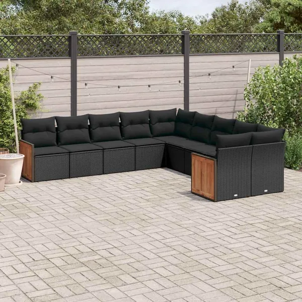 Salon de jardin 10 pcs avec coussins noir résine tressée