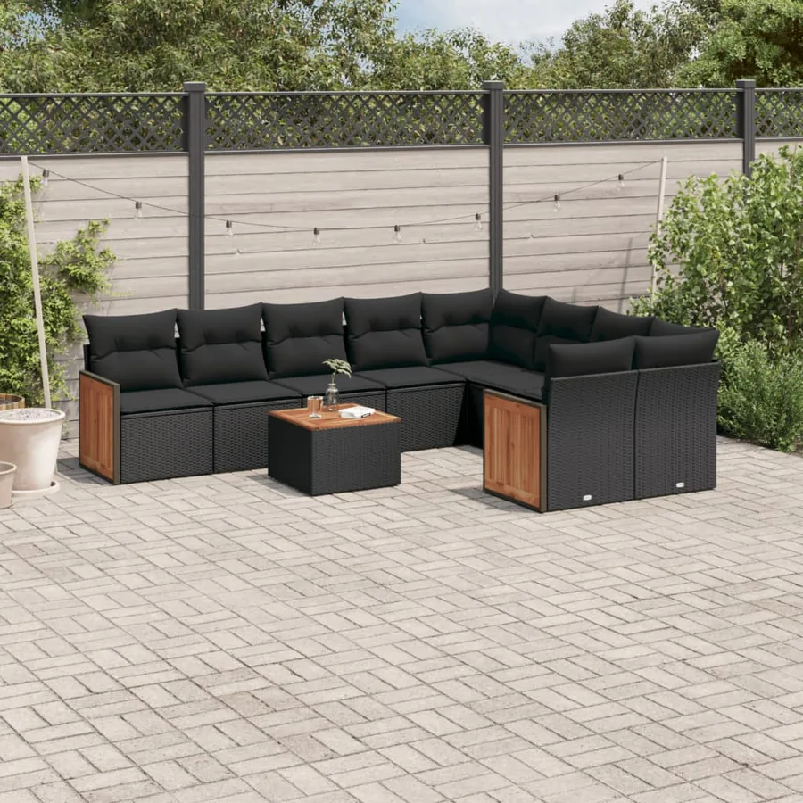 Salon de jardin 10 pcs avec coussins noir résine tressée