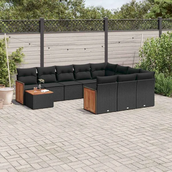 Salon de jardin 11 pcs avec coussins noir résine tressée