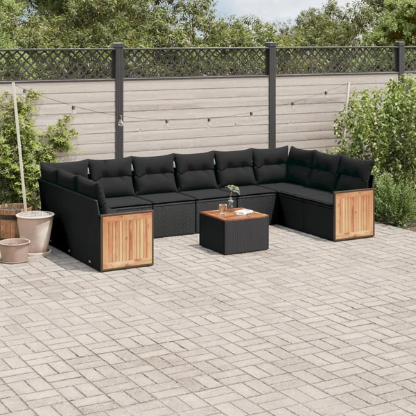 Salon de jardin 11 pcs avec coussins noir résine tressée