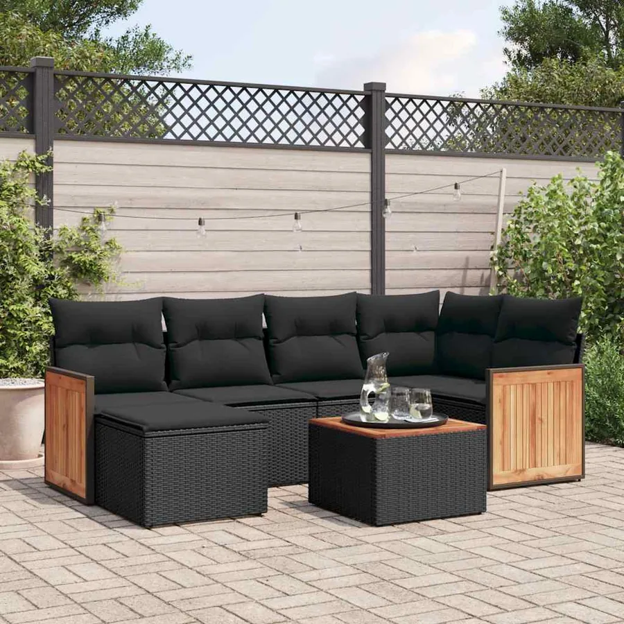 Salon de jardin 7 pcs avec coussins noir résine tressée 62 x 62 x 69 cm - 58,2 kg