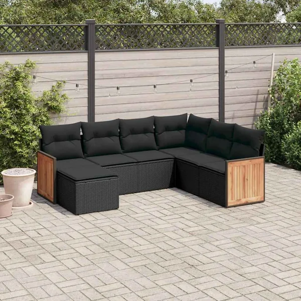 Salon de jardin 7 pcs avec coussins noir résine tressée 62 x 62 x 69 cm - 56,1 kg