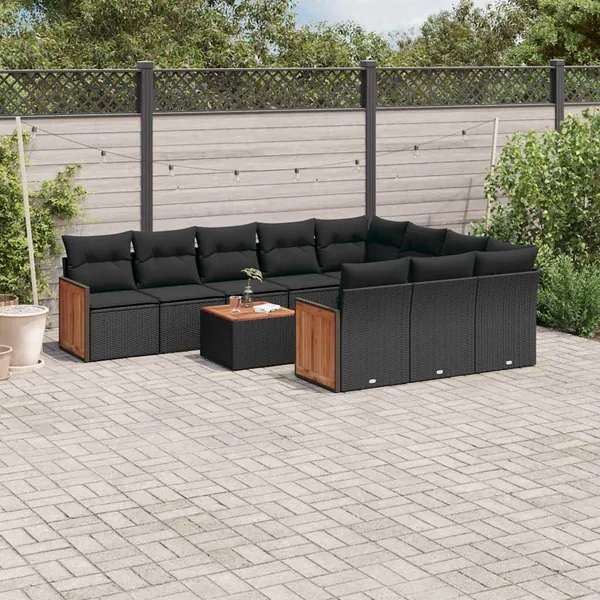 Salon de jardin 11 pcs avec coussins noir résine tressée