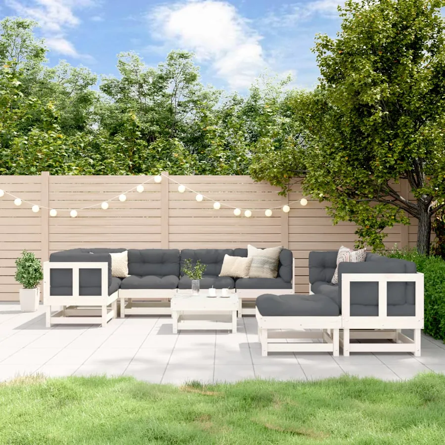 Salon de jardin 10 pcs Blanc Bois de pin massif