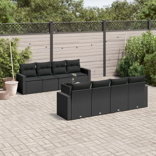 Salon de jardin 9 pcs avec coussins noir résine tressée