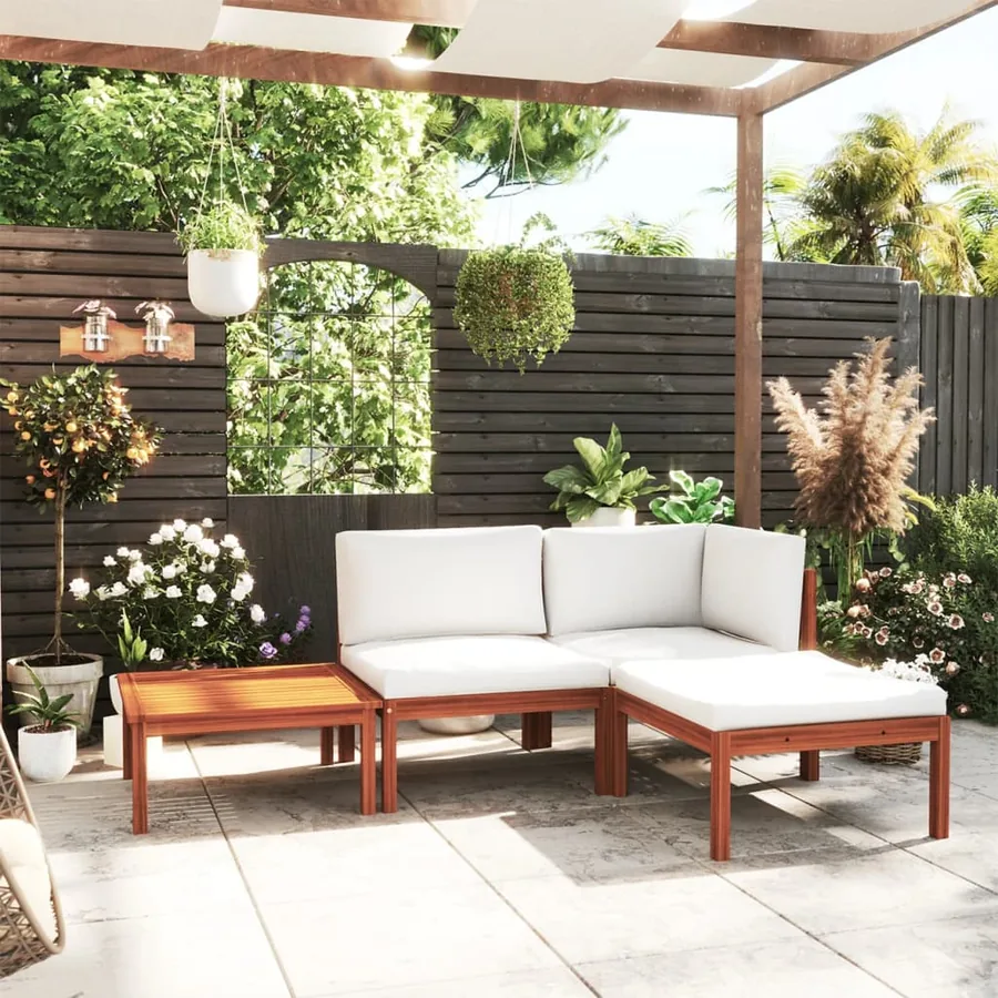 Salon de jardin 4 pièces avec coussins, bois d'acacia crème et corde