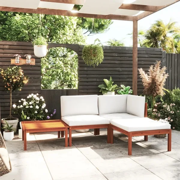 Salon de jardin 4 pièces avec coussins, bois d'acacia crème et corde