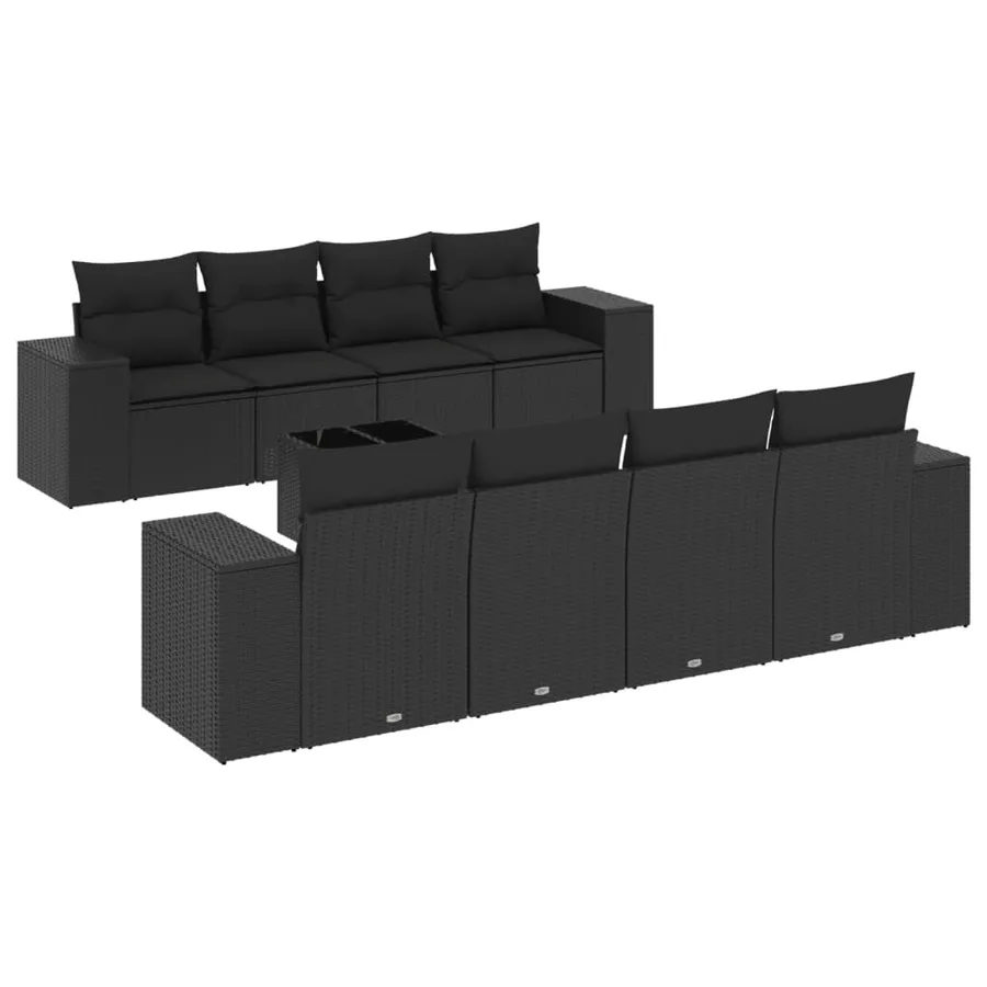 Salon de jardin 9 pcs avec coussins noir résine tressée - 2