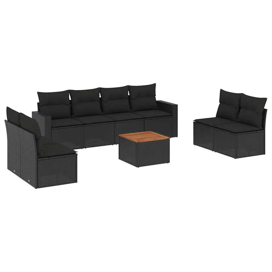 Salon de jardin 9 pcs avec coussins noir résine tressée - 2