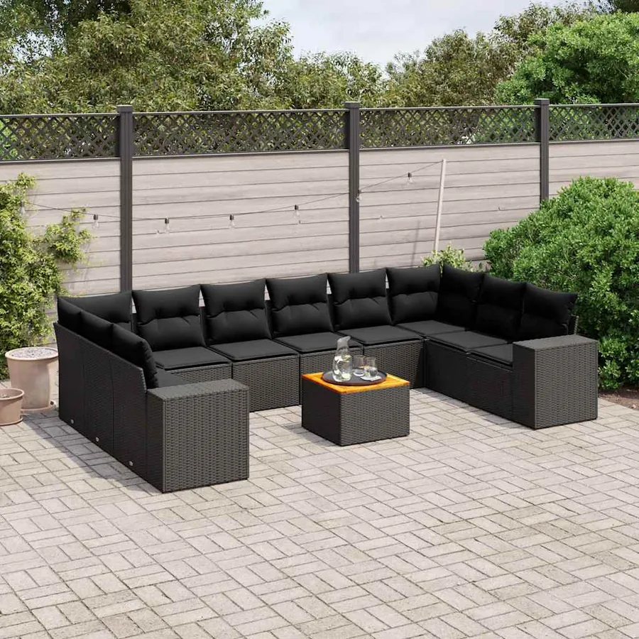 Salon de jardin 11 pcs avec coussins noir résine tressée