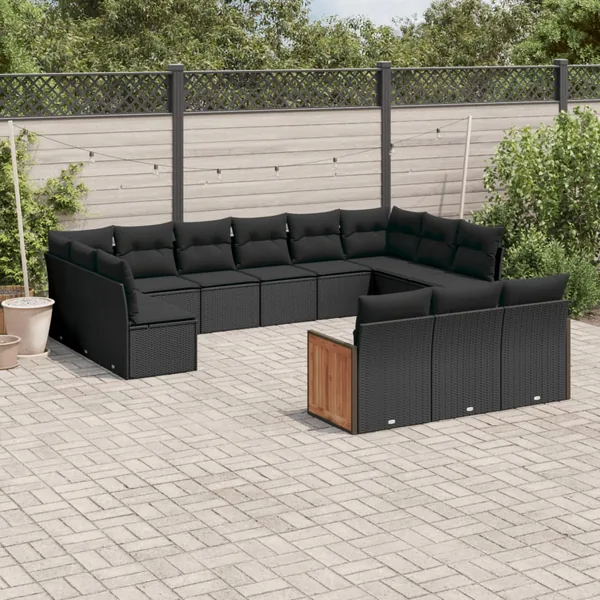 Salon de jardin avec coussins 13 pcs noir résine tressée