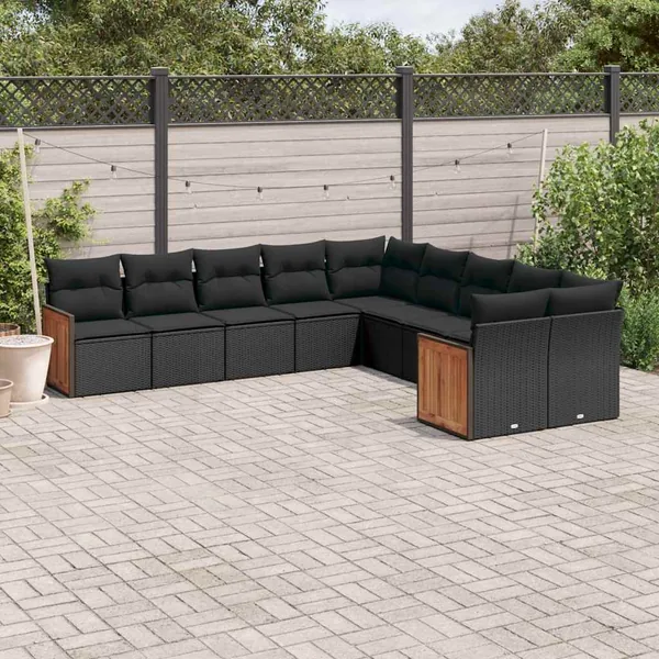 Salon de jardin 10 pcs avec coussins noir résine tressée