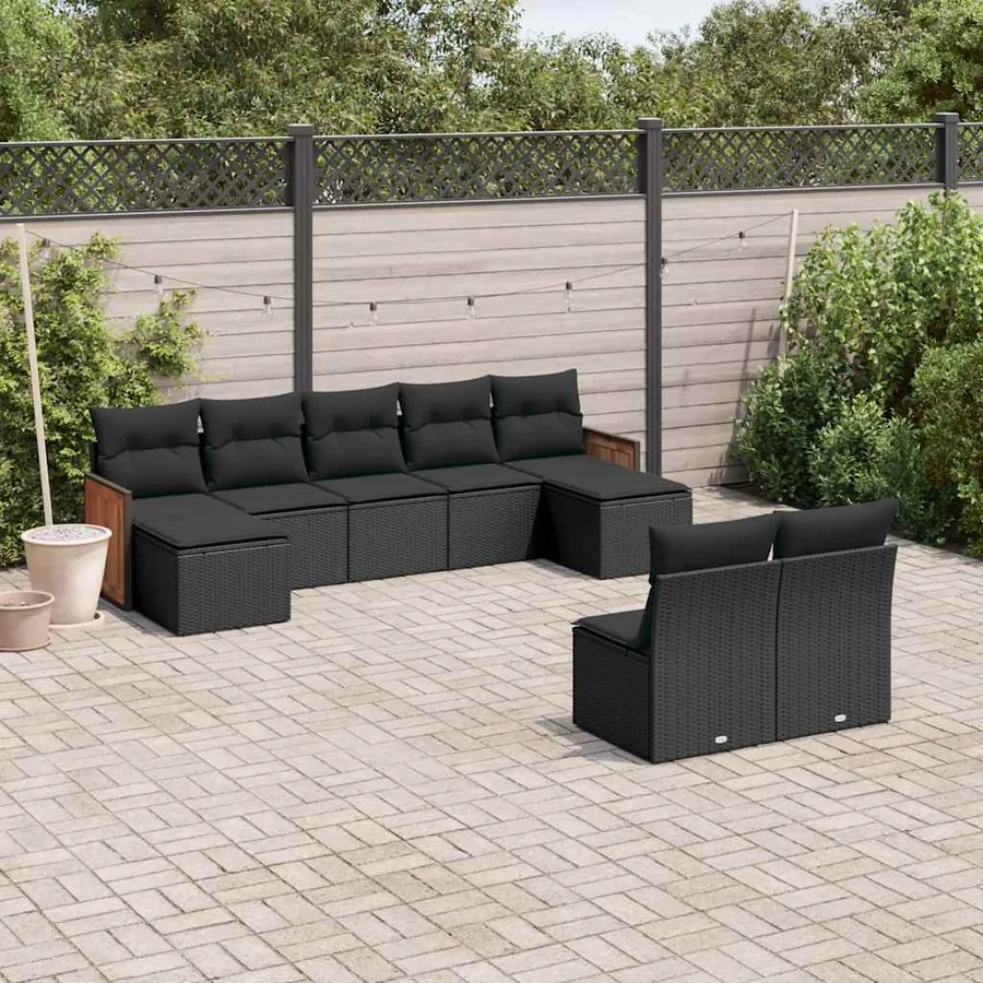 Salon de jardin 9 pcs avec coussins noir résine tressée