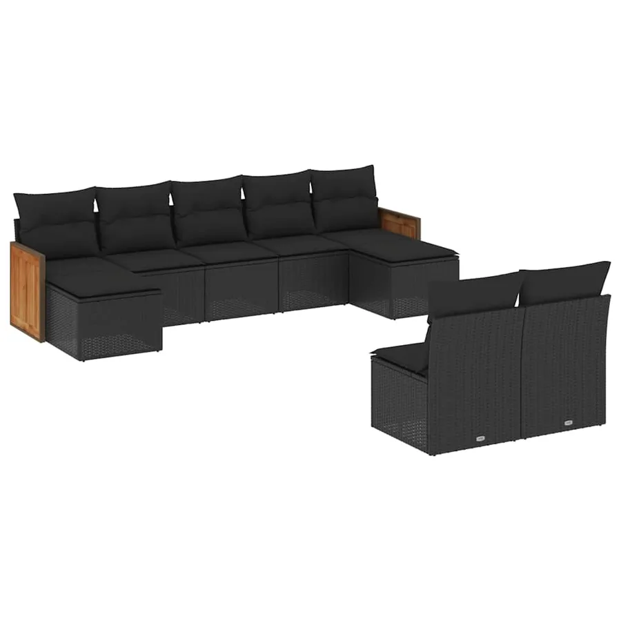 Salon de jardin 9 pcs avec coussins noir résine tressée - 2