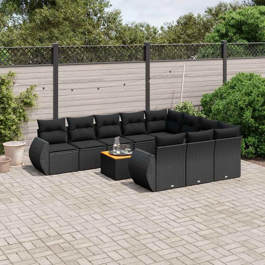 Salon de jardin 11 pcs avec coussins noir résine tressée