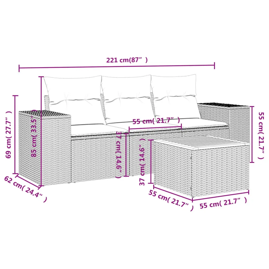 Salon de jardin avec coussins 4 pcs beige résine tressée - 3