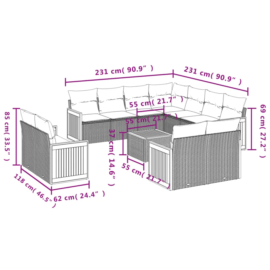 Salon de jardin 12 pcs avec coussins noir résine tressée - 8