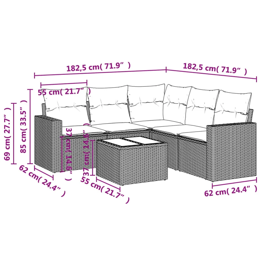 Salon de jardin 6 pcs avec coussins noir résine tressée - 8