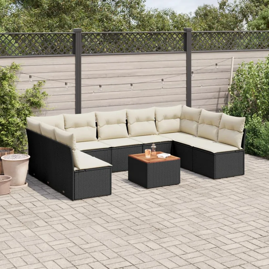 Salon de jardin 10 pcs avec coussins noir résine tressée