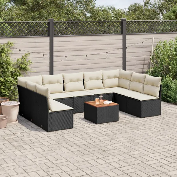 Salon de jardin 10 pcs avec coussins noir résine tressée