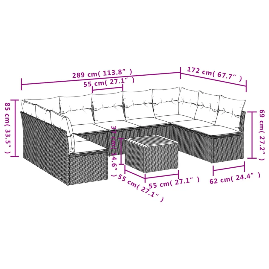 Salon de jardin 10 pcs avec coussins noir résine tressée - 3