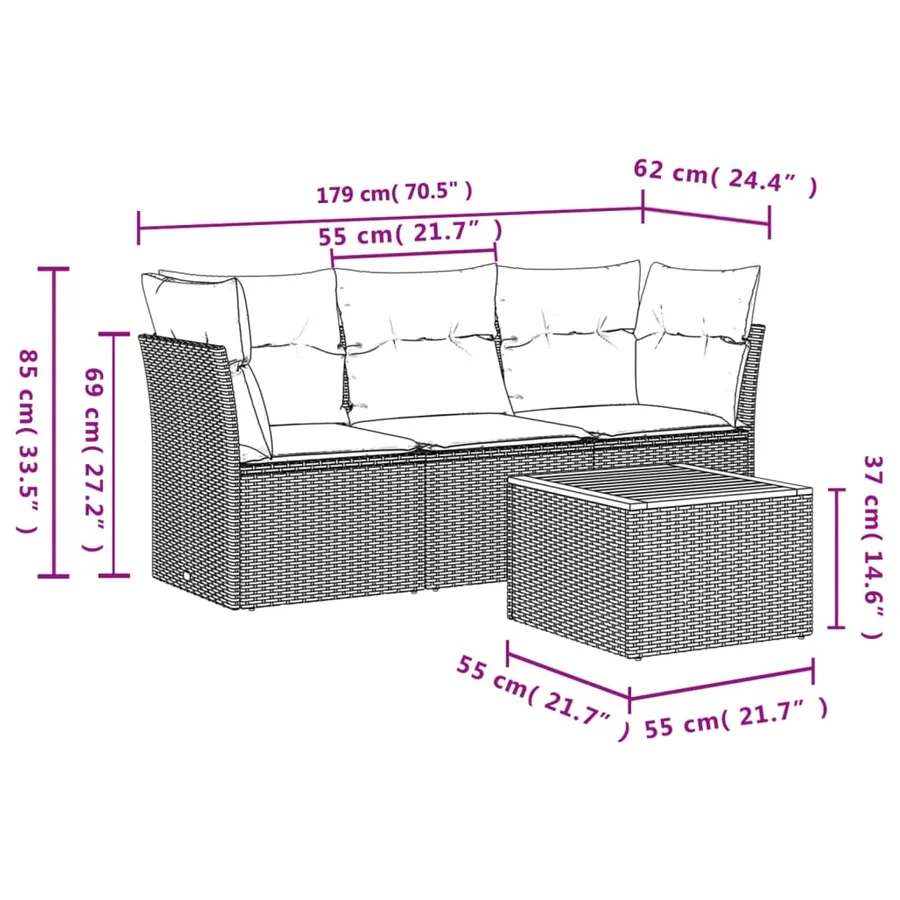 Salon de jardin 4 pcs avec coussins noir résine tressée - 3