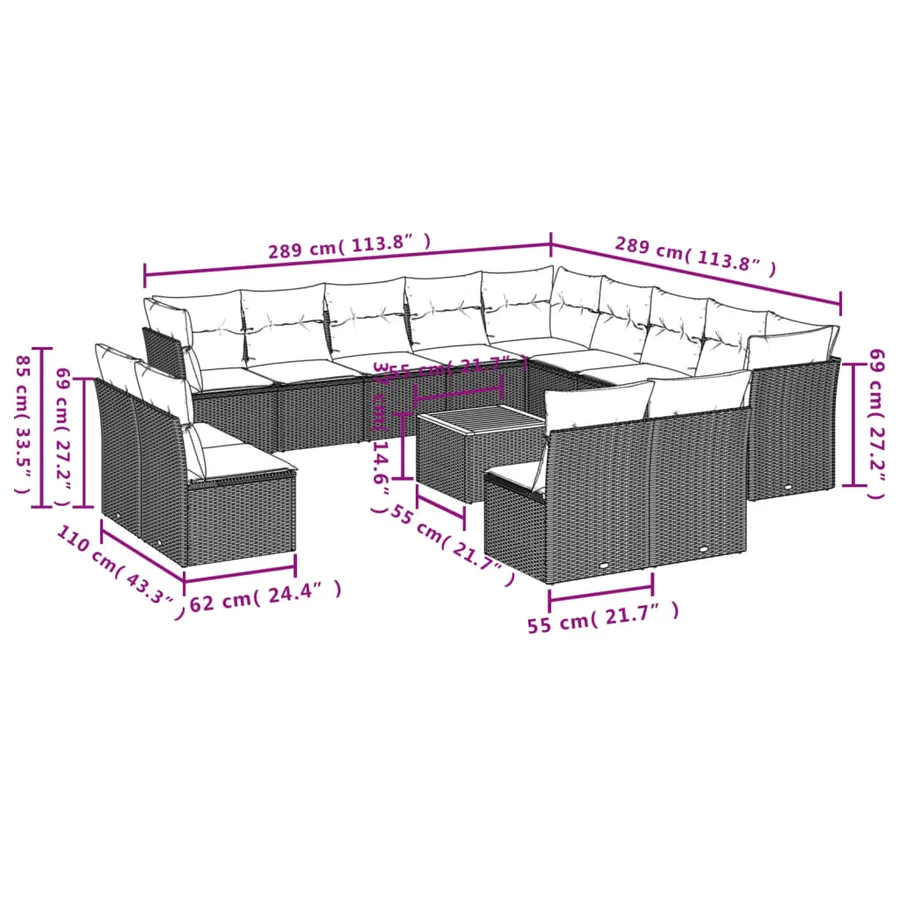 Salon de jardin avec coussins 14 pcs noir résine tressée - 3