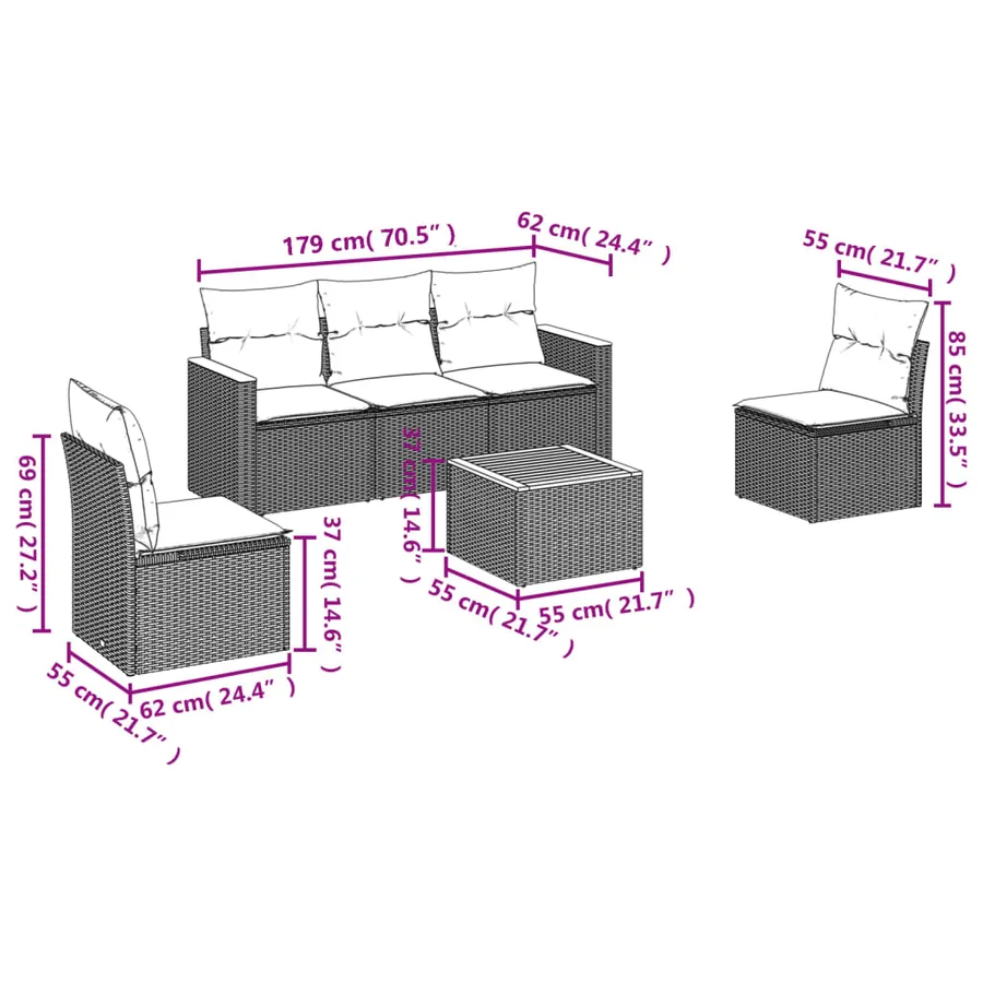 Salon de jardin 6 pcs avec coussins noir résine tressée - 7