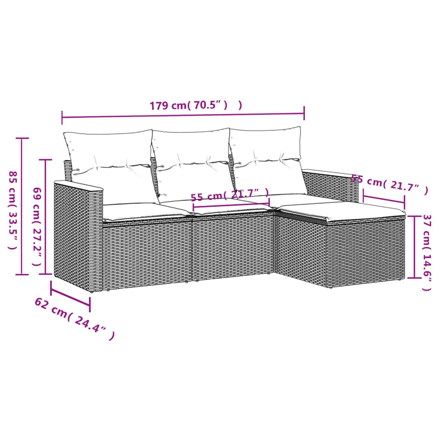 Salon de jardin 4 pcs avec coussins noir résine tressée - 7