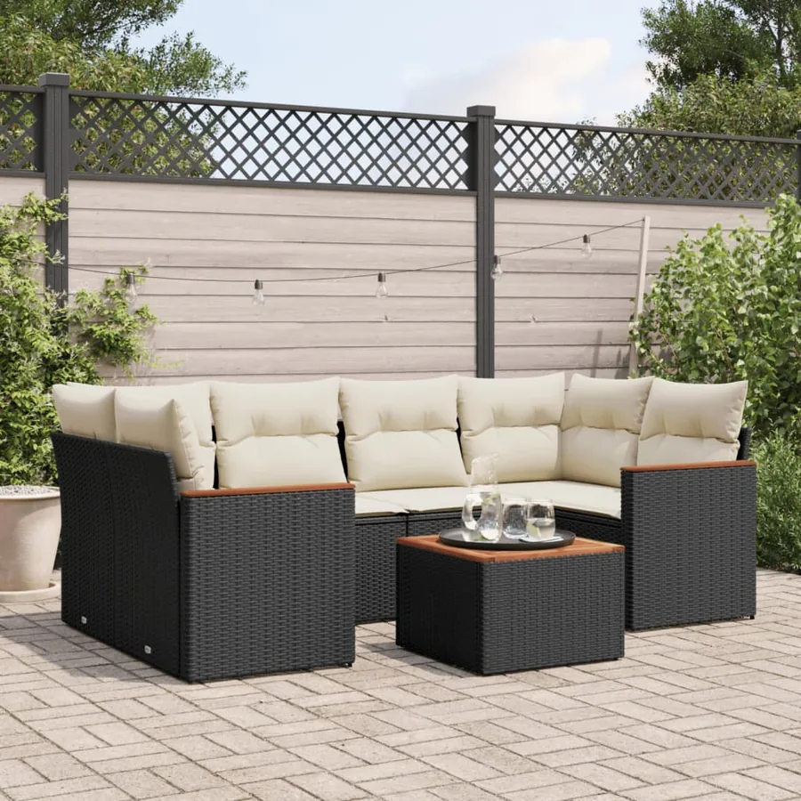 Salon de jardin 7 pcs avec coussins noir résine tressée 62 x 62 x 69 cm - 58,6 kg