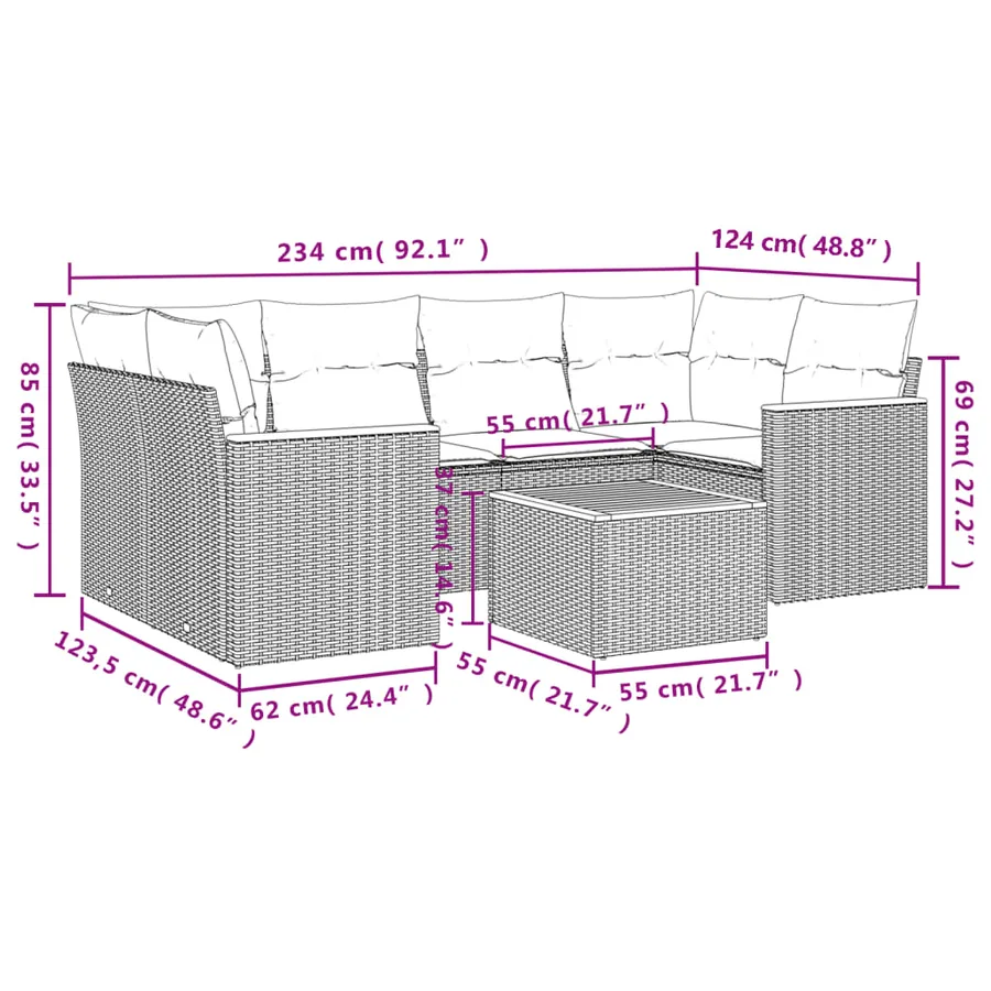 Salon de jardin 7 pcs avec coussins noir résine tressée 62 x 62 x 69 cm - 58,6 kg - 8