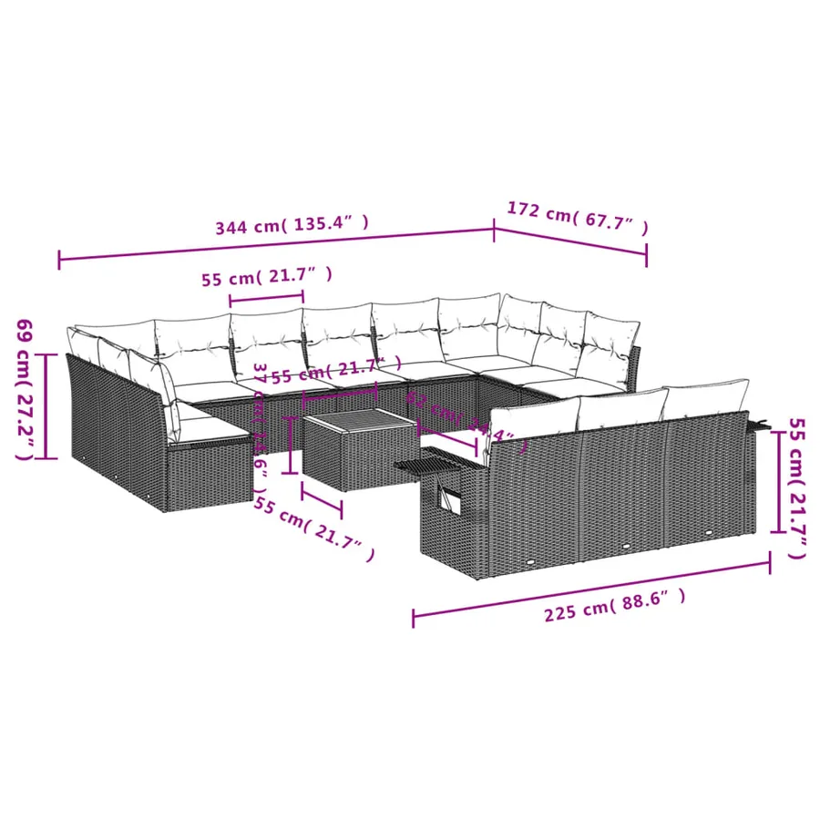 Salon de jardin avec coussins 14 pcs noir résine tressée - 9