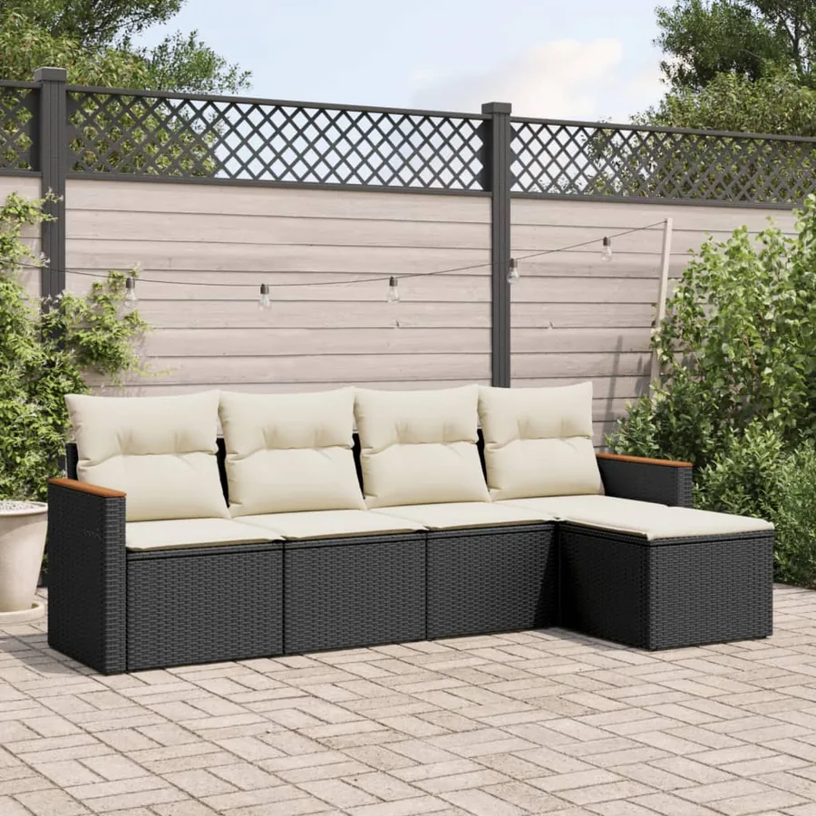 Salon de jardin 5 pcs avec coussins noir résine tressée