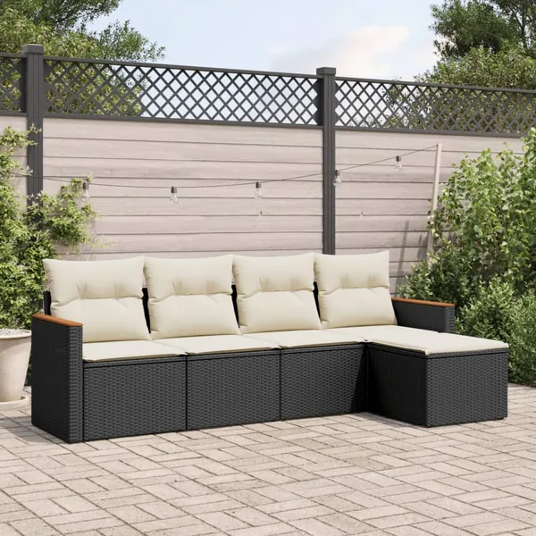 Salon de jardin 5 pcs avec coussins noir résine tressée