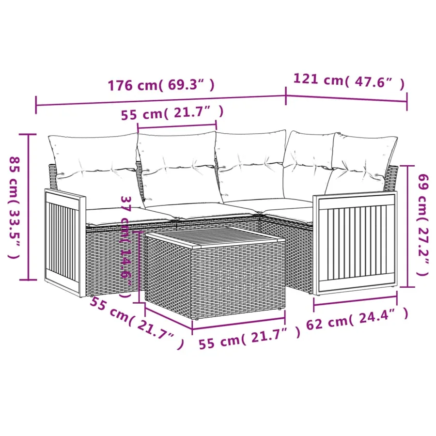 Salon de jardin 5 pcs avec coussins noir résine tressée - 8