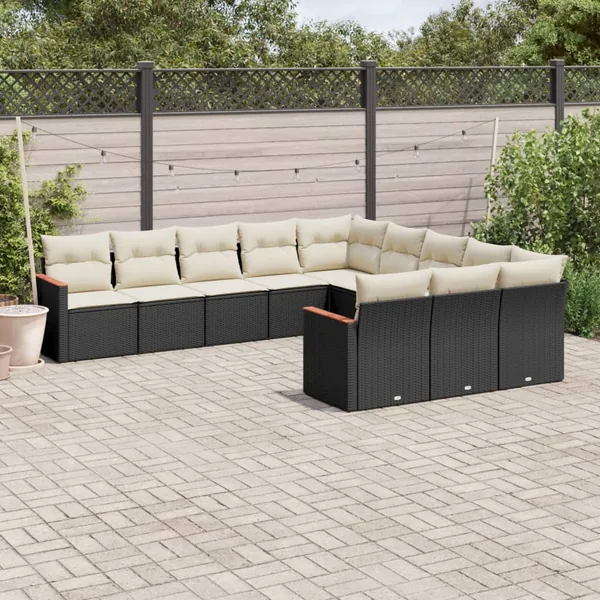 Salon de jardin 11 pcs avec coussins noir résine tressée