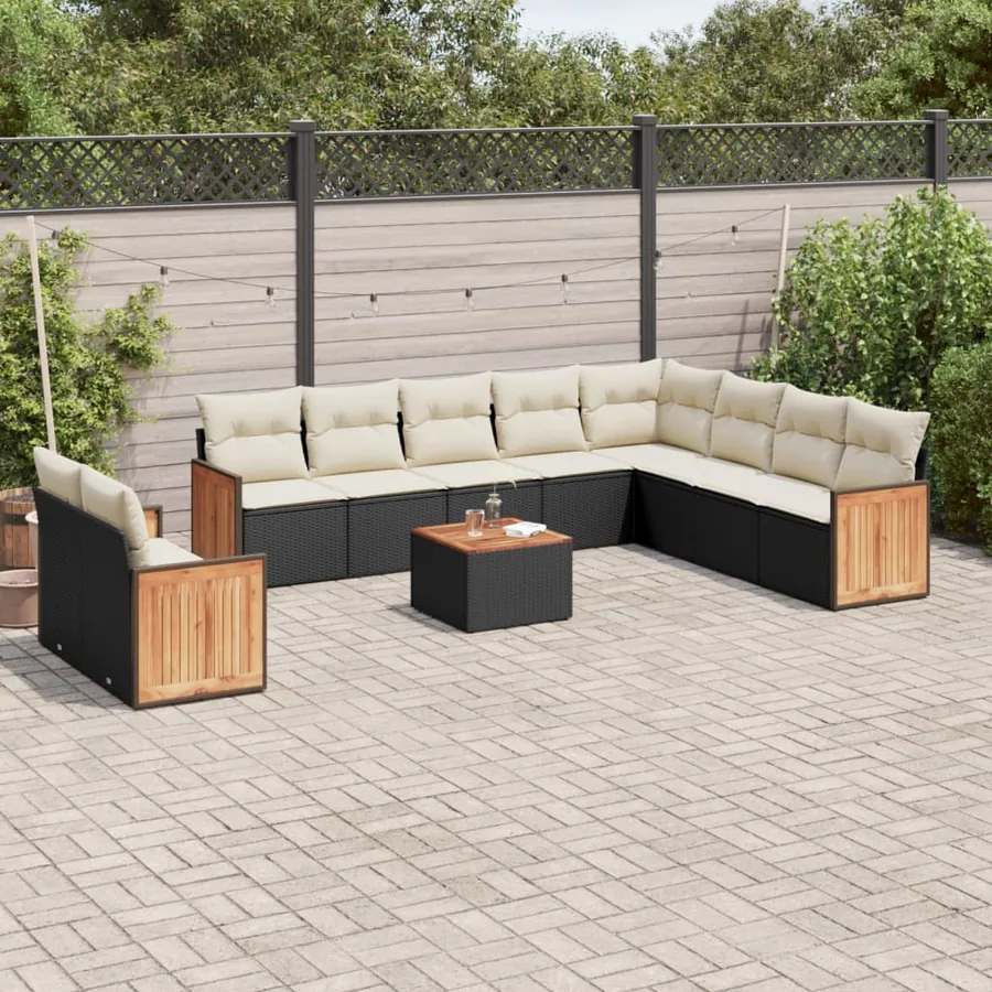 Salon de jardin 11 pcs avec coussins noir résine tressée