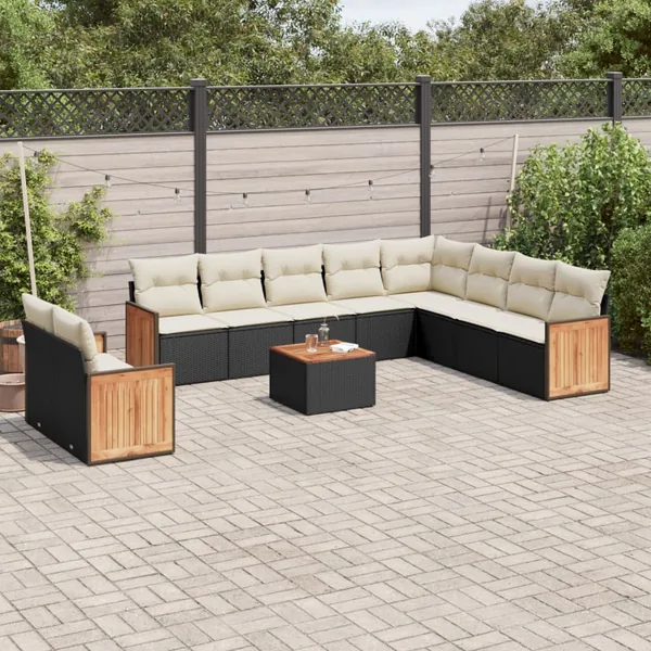 Salon de jardin 11 pcs avec coussins noir résine tressée