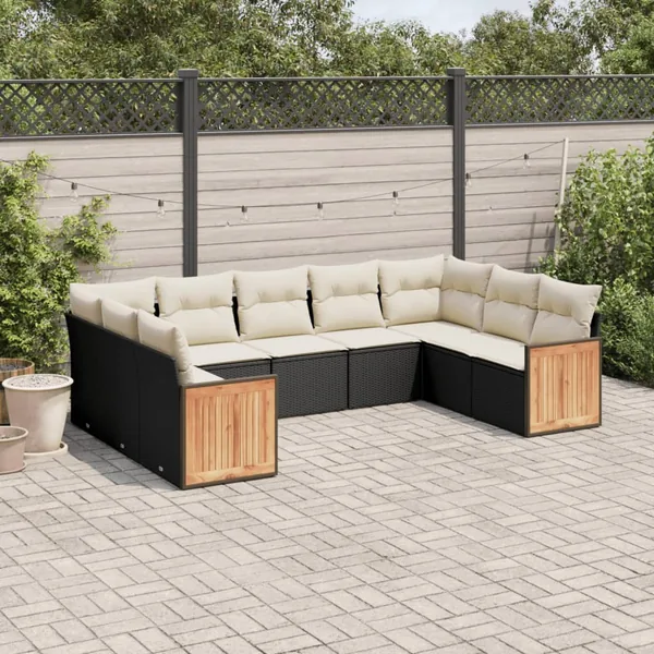 Salon de jardin 9 pcs avec coussins noir résine tressée