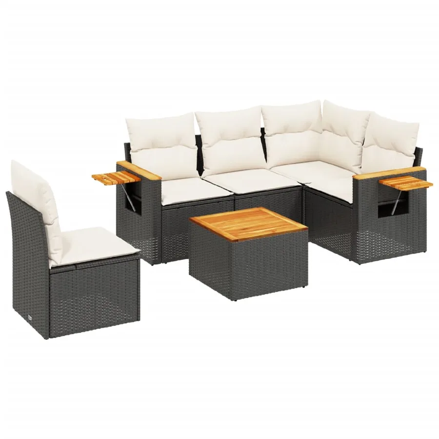 Salon de jardin 6 pcs avec coussins noir résine tressée - 2
