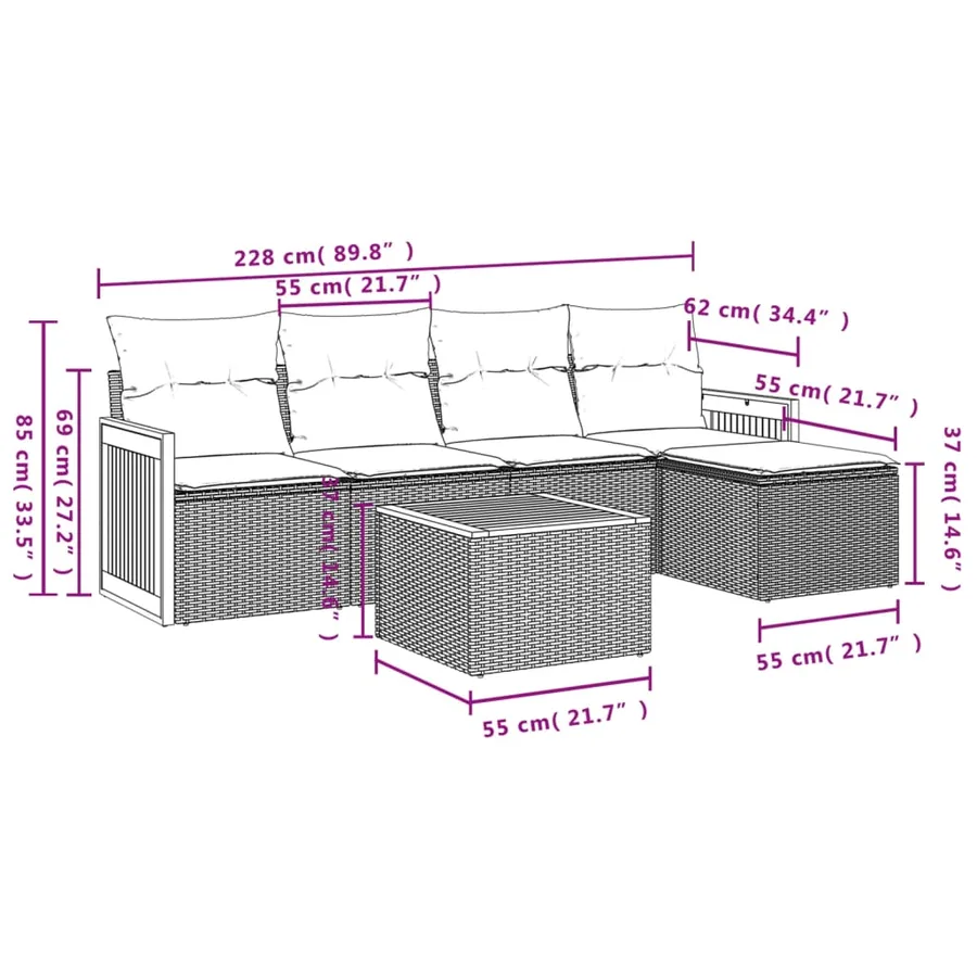 Salon de jardin 6 pcs avec coussins noir résine tressée - 8