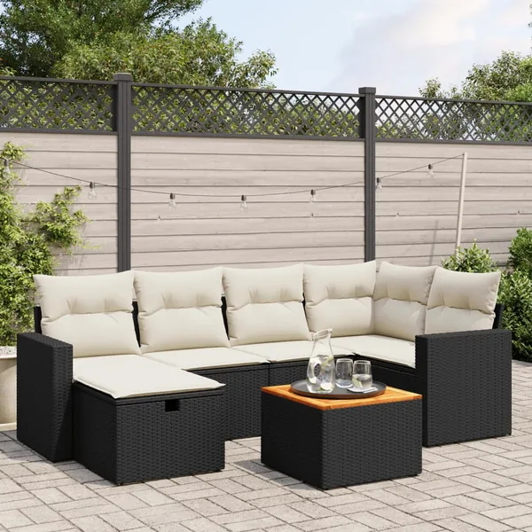 Salon de jardin 7 pcs avec coussins noir résine tressée 62 x 62 x 69 cm - 55,5 kg