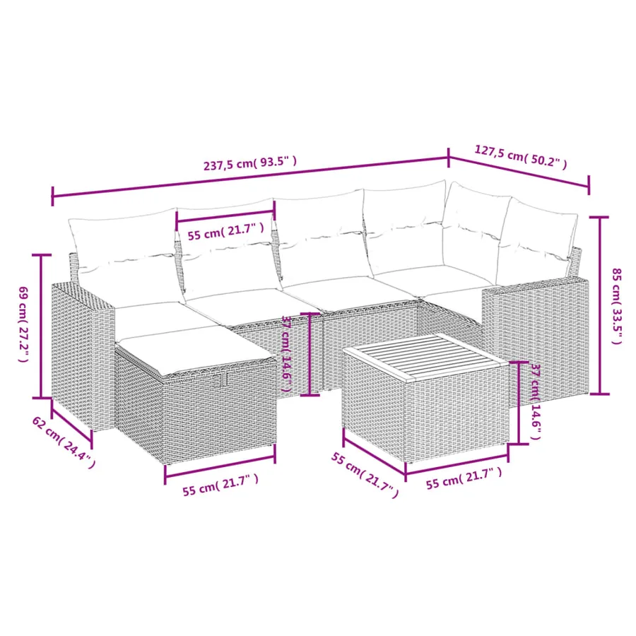 Salon de jardin 7 pcs avec coussins noir résine tressée 62 x 62 x 69 cm - 55,5 kg - 4