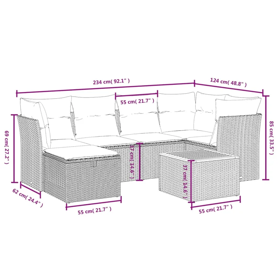 Salon de jardin 7 pcs avec coussins noir résine tressée 62 x 62 x 69 cm - 56,9 kg - 4