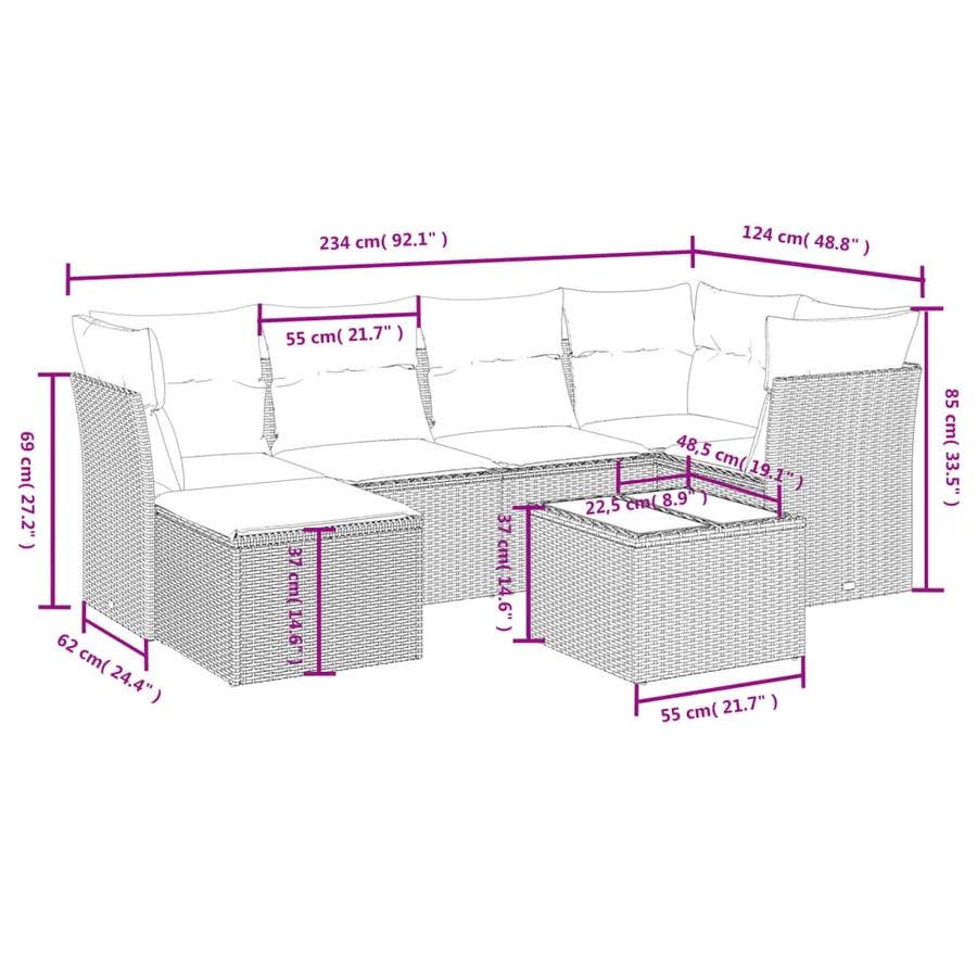 Salon de jardin 7 pcs avec coussins noir résine tressée 62 x 62 x 69 cm - 57,7 kg - 4