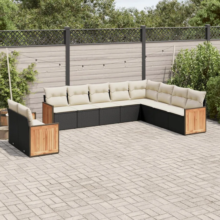 Salon de jardin 10 pcs avec coussins noir résine tressée