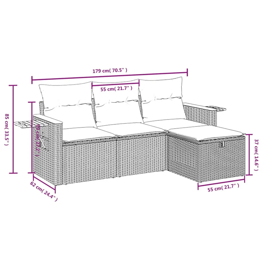 Salon de jardin 4 pcs avec coussins noir résine tressée - 4