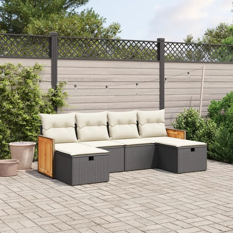Salon de jardin 6 pcs avec coussins noir résine tressée